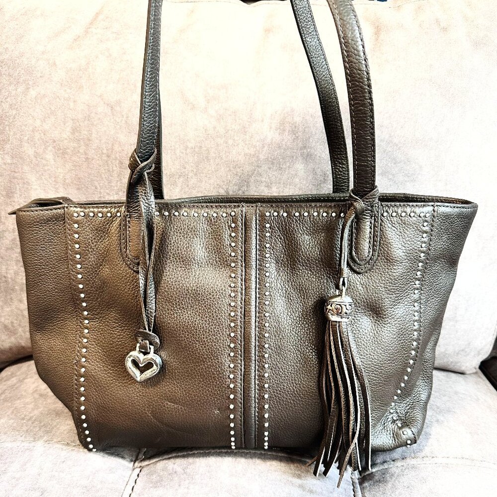 Vintage Brighton Genuine Brown Leather Shoulder Bag Purse with Silver Heart